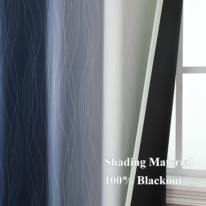 Estelar Textiler Sage Green and Navy Blue Gradient Blackout Curtains for Bedroom 96 Inch Length 2 Panels Set, Thermal Insulated Ombre Drapes, Full Light Blocking Curtains for Living Room,52Wx96L