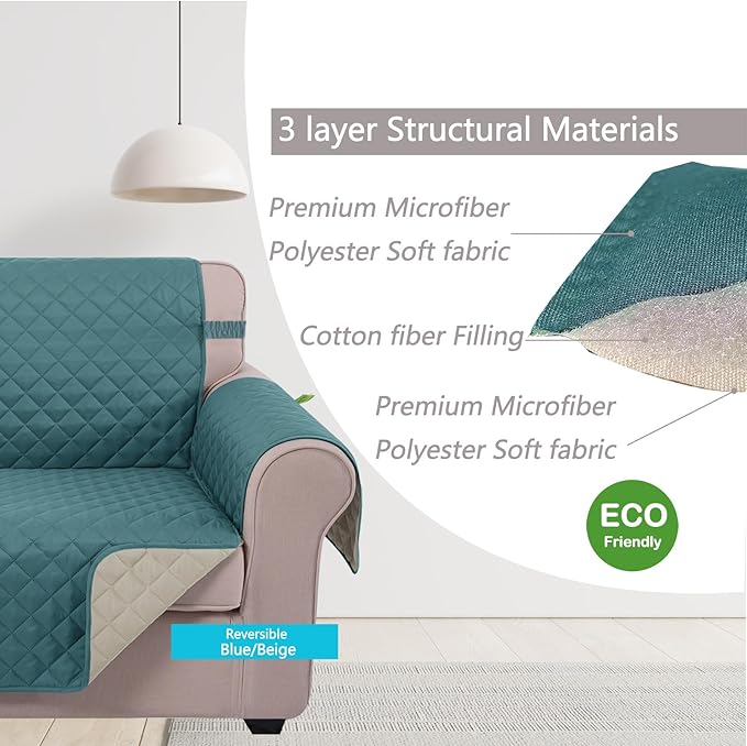 U-NICE HOME 4 Seater Sofa Cover 91 Inch Large Couch Covers for 4 Cushion Couch with Elastic Straps Water Resistant Furniture Protector Cover for Pets Cat (Sofa XX-Large, Blue/Beige)