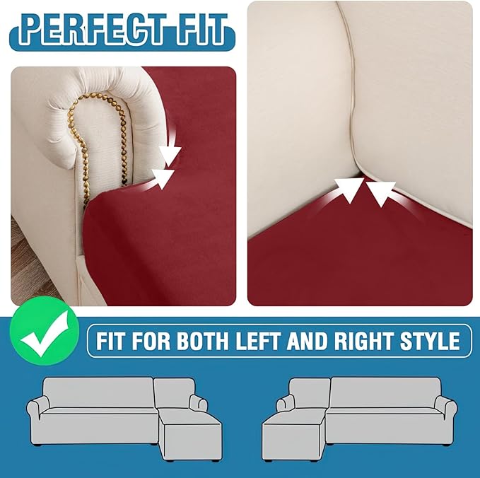 Couch Cover Velvet Chaise Cushion Cover for Sectional Sofas - Elastic L-Shaped Sofa Seat Covers Washable, Slipcover Protector (1-Piece, Christmas Red)