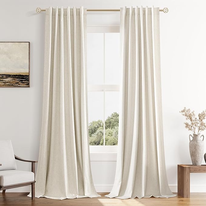 Guken 100% Blackout Linen Curtains 96 Inch Length 2 Panels Set for Living Room Bedroom Back Tab Thermal Insulated Black Out Drapes Room Darkening Farmhouse Style for Bedroom Window Curtains 40 Wide