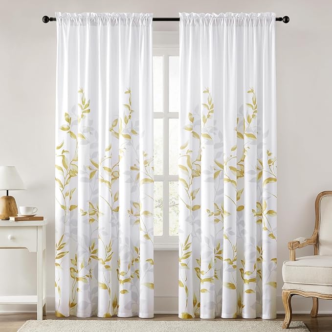 HOMEIDEAS Non-See-Through Gold and White Privacy Sheer Curtains 52 X 84 Inch Length 2 Panels, Leaf Floral Printed Light Filtering Semi Sheer Window Curtains Drapes for Bedroom Living Room