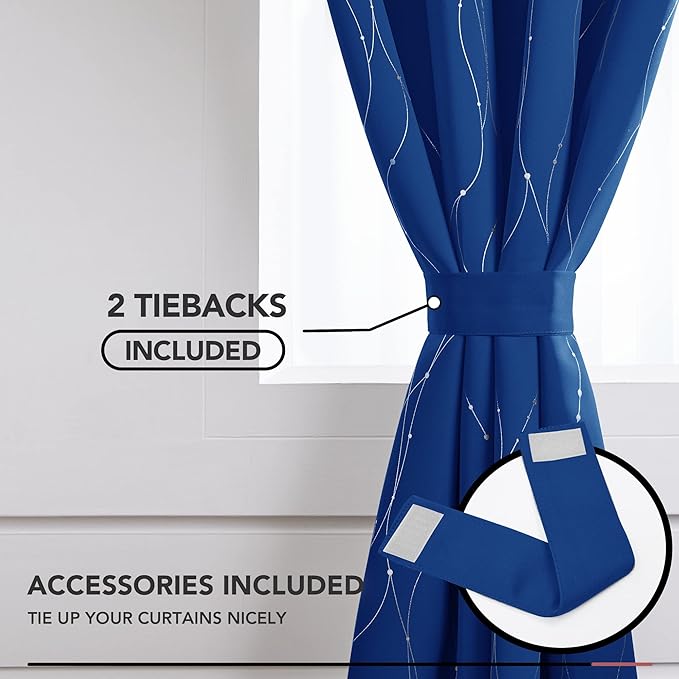 Deconovo Blackout Curtains, 52 x 63 Inch Drapes for Living Room with Wave Dots Silver Print, Soundproof Thermal Insulated Window Curtain for Bedroom Nursery, Set of 2, Machine Washable, Royal Blue