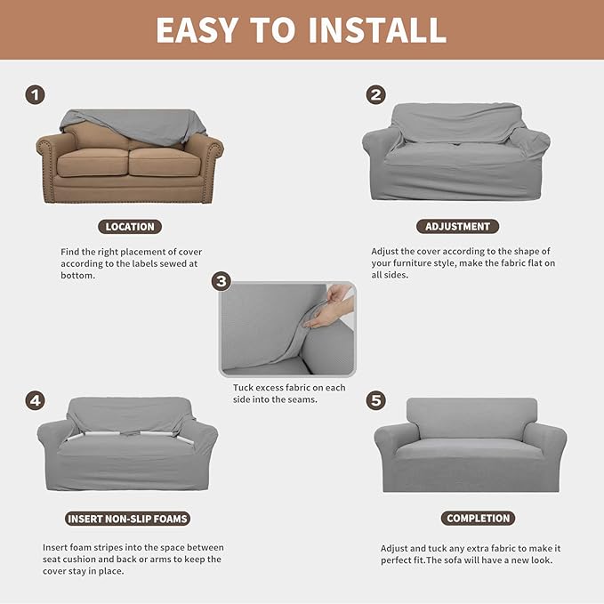 Easy-Going 100% Waterproof Oversized Loveseat Couch Cover, Dual Waterproof Sofa Cover, Stretch Jacquard Sofa Slipcover, Leakproof Furniture Protector for Kids, Pets, Dog and Cat, Light Gray