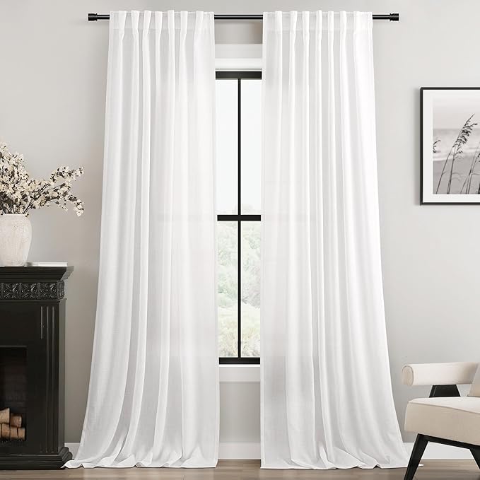 White Linen Curtains 90 inch Length for Bedroom Loop Pocket Privacy Light Filtering Semi Sheer White Boho Farmhouse Curtain 90 inch Long Drapes Cotton Textured Modern Elegant Coastal Living Room Decor