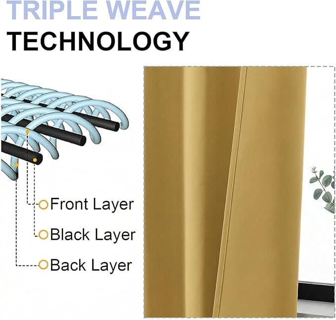 Simplebrand Ava Bright Gold Blackout Curtains for Bedroom 72 Inch Length 2 Panels Set, Privacy Thermal Insulated Rod Pocket Door Window Curtains for Patio French Door Front Door, W40 x L72 Inch