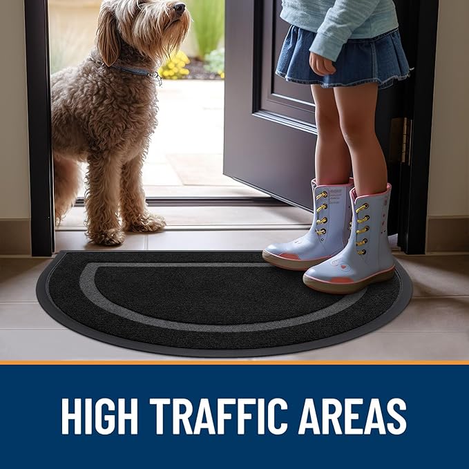 OLANLY Half Circle Door Mat Indoor Outdoor Entrance Welcome, Waterproof All-Season, All-Weather Doormat, Sturdy Natural Rubber, Low Profile, Easy Clean Patio Porch Entryway Mat, 36x24, Black