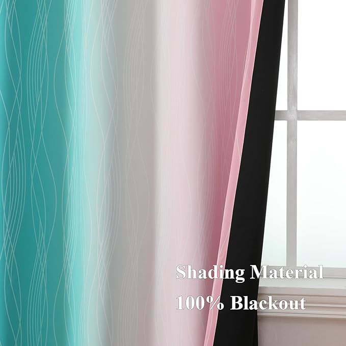 Estelar Textiler Pink and Teal Blackout Curtains for Living Room, Full Room Darkening Grommet Ombre Curtains for Bedroom, Thermal Insulated Light Blocking Gradient Drapes, 52Wx72L, 2 Panels