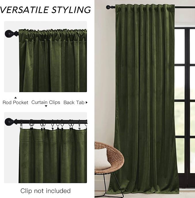 RYB HOME Green Velvet Curtains 84 inch, Solid Room Darkening Window Curtains for Living Room Light & Draft Block Privacy Backdrop with Pleat Tape Pocket& Tabs, Olive Green, W52 x L84 inch, 2 Panels