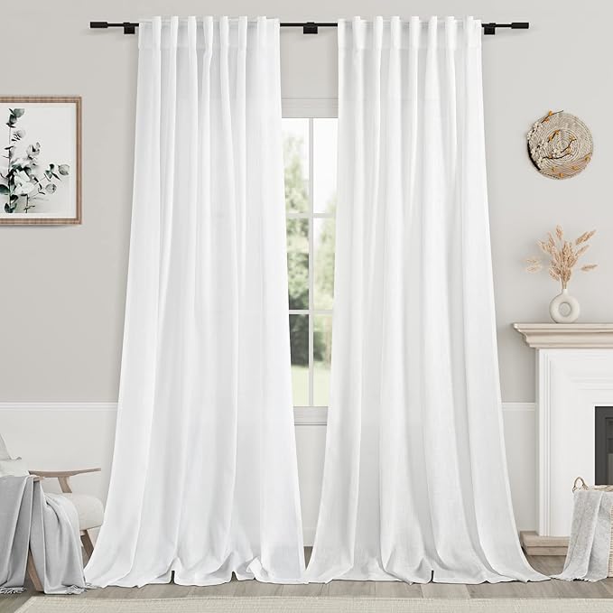 Nanspring Extra Long White Curtain 105 inches Long 2 Panels Set for Living Room Back Tab Modern Farmhouse Decor Cotton Textured Off White Sheer Linen Curtains 105 inch Length for Large Window