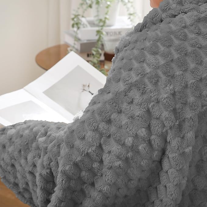 Puncuntex Grey Throw Blanket 90"×90" inches Fuzzy 3D Jacquard Decorative Flannel Fleece Super Soft Plush Cozy Blanket for Couch Sofa Chair Lightweight