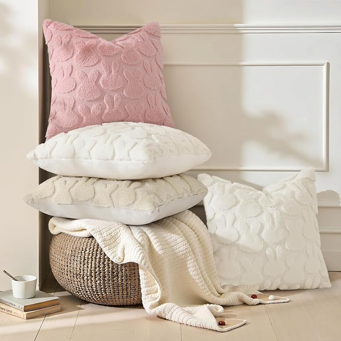decorUhome Easter Bunny Pillow Covers 18x18 Inch Set of 2, Soft Plush Faux Wool Jacquard Pink Rabbit Cushion Covers, Farmhouse Neutral Spring Easter Holiday Decor for Couch Sofa Bed