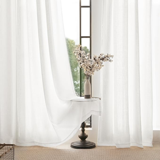 White Linen Curtains 90 inch Length for Bedroom Loop Pocket Privacy Light Filtering Semi Sheer White Boho Farmhouse Curtain 90 inch Long Drapes Cotton Textured Modern Elegant Coastal Living Room Decor
