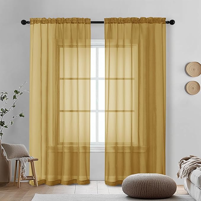 OVZME Gold Sheer Curtains 78 Inches Long 2 Panels - Soft Light Filtering Window Sheer Panels for Living Room/Bedroom, Top Dual Rod Pocket, 1 Pair, Each 42Wx78L Inches