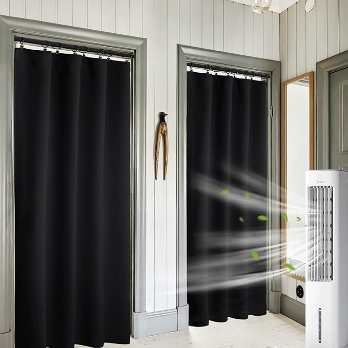 RYB HOME 2 Panels Blackout Doorway Curtains, Thermal Insulated Privacy Rod Pocket Easy Installation Drapes for Living Room Bedroom Dining Room, Width 34 by Length 80, Black