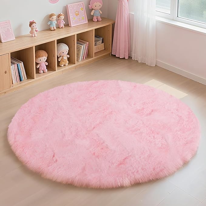 yulidayang Pink Fluffy Round Area Rugs for Bedroom,5'X5'Shag Circle Area Rugs for Girls Room,Non Slip Fuzzy Plush Rug for Kids Room Living Room and Dorm Home Decor Rug