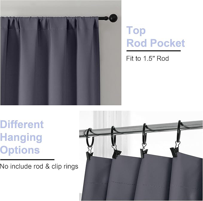 Simplebrand Ava Grey Short Blackout Curtains for Bedroom 45 Inches Long 2 Panels Set, Solid Thermal Insulated, Energy Saving Window Treatment Curtains Blackout Drapes, W40 x L45 Inch, Grey