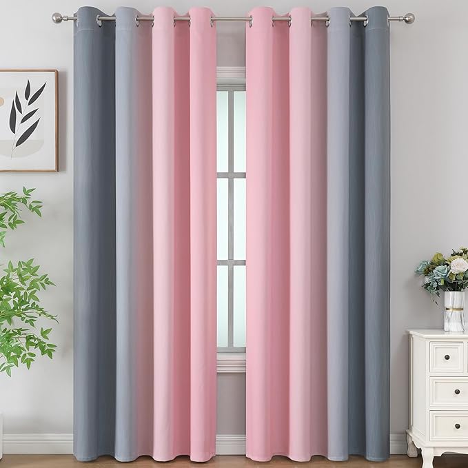 Estelar Textiler Pink and Grey Ombre Blackout Curtains 102 Inches Long for Bedroom, Thermal Insulated Full Room Darkening Grommet Gradient Drapes for Living Room, 52Wx102L, 2 Panels