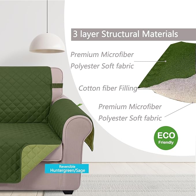 U-NICE HOME Reversible Sofa Cover Couch Cover for Dogs with Elastic Straps Water Resistant Furniture Protector for Pets Couch Cover for 3 Cushion Couch (Sofa, Huntergreen/Sage)