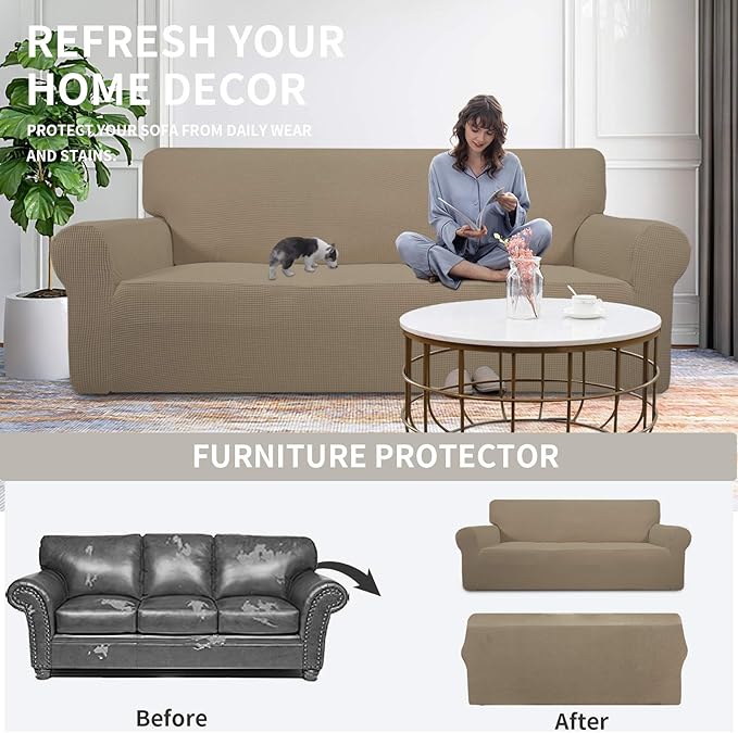 Easy-Going Stretch Chair Sofa Slipcover 1-Piece Couch Sofa Cover Furniture Protector Soft with Elastic Bottom for Kids, Pet. Spandex Jacquard Fabric Small Checks (Chair, Natural)