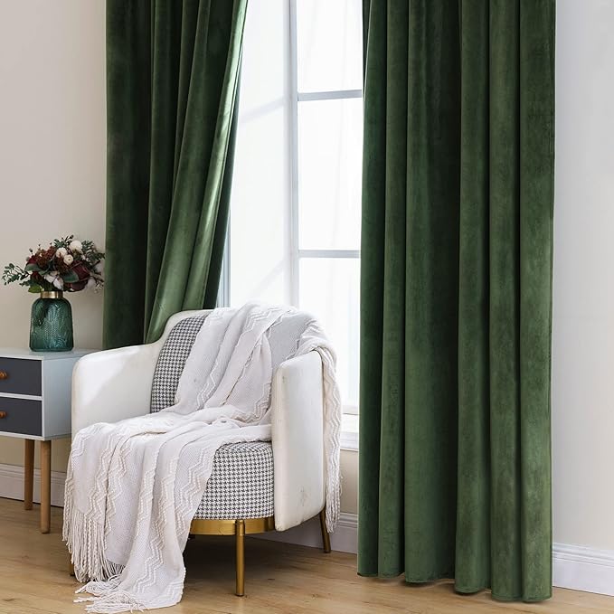MIULEE Velvet Curtains 94 inches - Luxury Blackout Curtains for Bedroom Living Room Thermal Insulated Super Soft Window Drapes Rod Pocket & Back Tab, Olive Green, W52 x L94 inches, 2 Panels