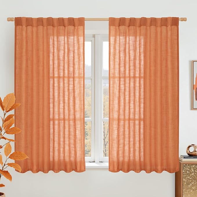 LAMIT Semi Sheer Linen Curtains 45 Inches Long, Light Filtering Panels Back Tab and Rod Pocket Country Decor Drapes for Farmhouse/Window/Bedroom, Burnt Orange, 2 Panels, 52 x 45 Inch
