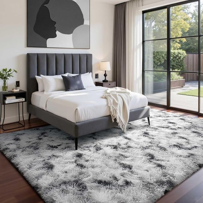 6x9 Ft Large Shag Rugs for Living Room Decor, Tie-Dyed Ultra Soft Fluffy Furry Area Rugs for Bedroom Indoor Floor, Aesthetic Carpet for Kids Home (Black White)