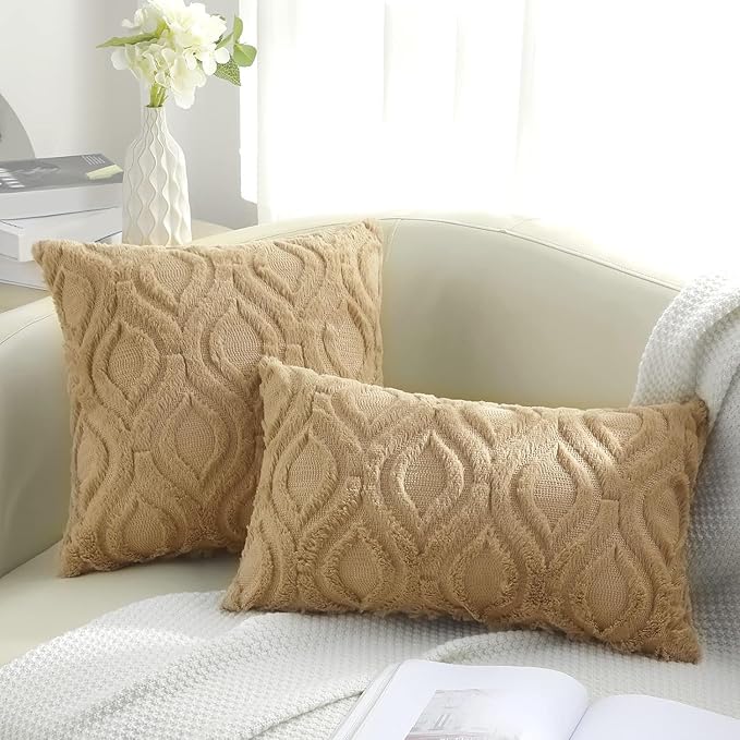decorUhome Throw Pillow Covers 16x16 Inch Set of 2, Soft Plush Faux Wool Khaki Solid Couch Pillow Covers, Accent Farmhouse Neutral Square Pillow Cases for Sofa Bed Living Room