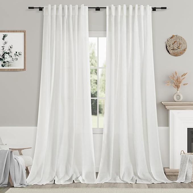 Extra Long Off White Curtains 105 inches Long 2 Panels Set for Bedroom Back Tab Opaque Draperies Urban Farmhouse Traditional Semi Sheer White Linen Curtains for Large Bay Window Glass Sliding Door
