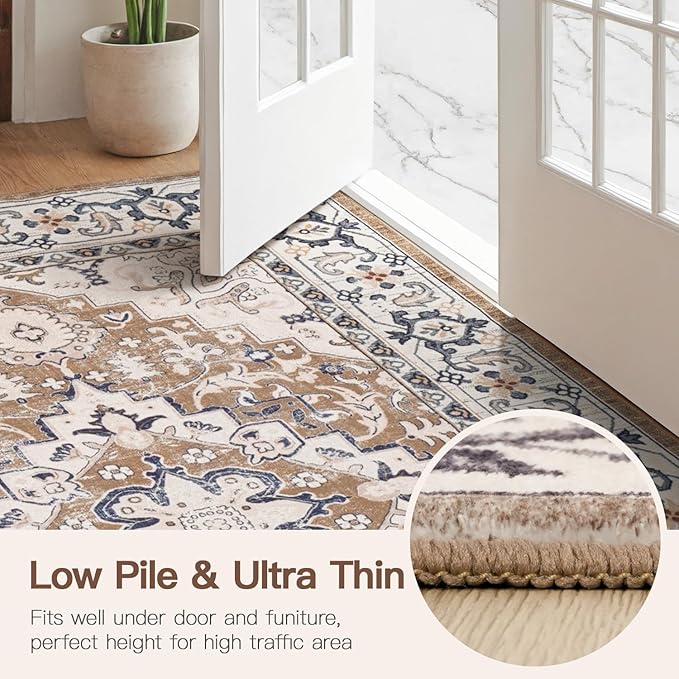 Lofus 4ft Area Rugs for Living Room, Washable Area Rug, Rugs for Bedroom, Kitchen, Vintage Boho Carpet, Soft Non-Slip, Low Pile Large Area Rug for Office Dining Room, Floral Brown