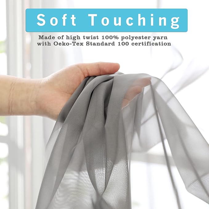 OVZME 2 Panels Grey Sheer Valance - Short Fresh Sheer Curtain Valances for Windows Basement Semi Sheer Valances for Kitchen Window, Dual Rod Pocket (Grey, 42 by 14 Inches Long)