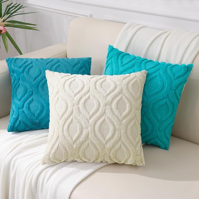 decorUhome Summer Throw Pillow Covers 26x26 Inch Set of 2, Soft Plush Faux Wool Turquoise Solid Couch Pillow Covers, Accent Euro Sham Farmhouse Neutral Square Pillow Cases for Sofa Bed Living Room