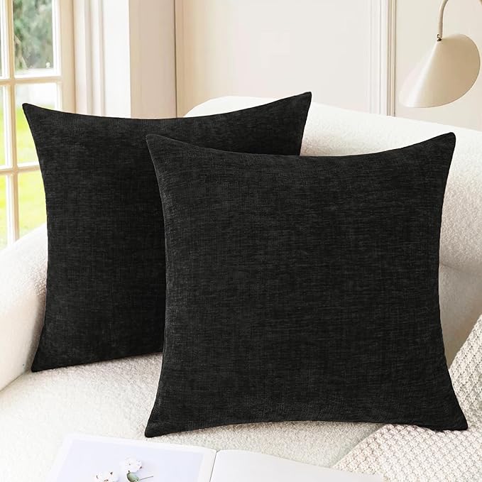 CaliTime Throw Pillow Covers Decorative 20 X 20 Inches Pack of 2 Cozy Chenille Cushion Cases for Couch Sofa Bed Living Room Home Black