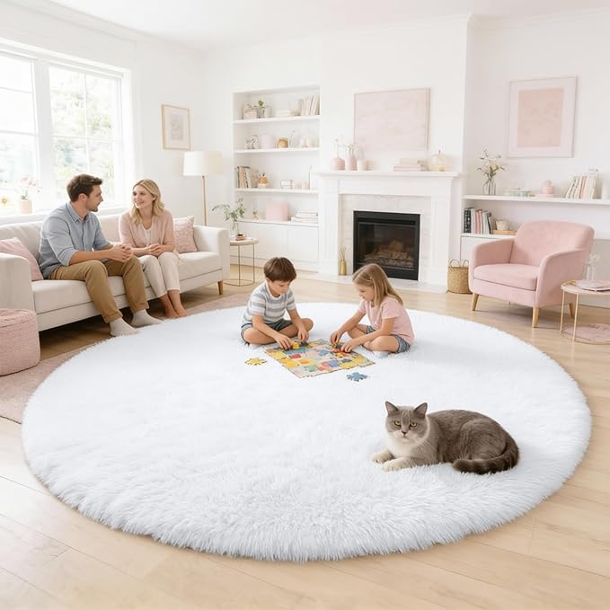 OLANLY White Round Rugs for Bedroom - Machine Washable, 6 ft Circle Area Rugs for Living Room, Soft and Fluffy Shaggy Carpet for Teen Girls and Boys, Nursery Rooms, Dorms, Home Decor Aesthetic
