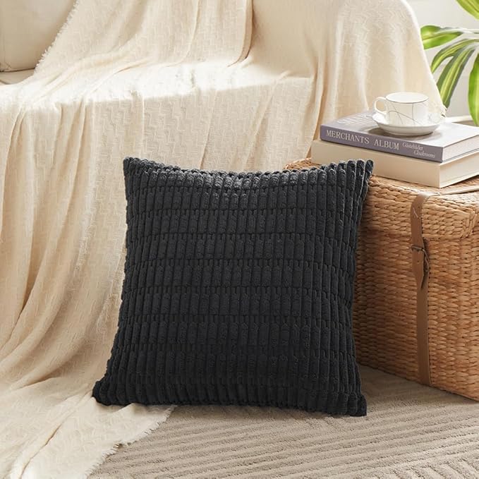 Fancy Homi 4 Packs Boho Black Decorative Throw Pillow Covers 20x20 Inch for Living Room Couch Bed Sofa, Rustic Modern Farmhouse Home Decor, Soft Plush Corduroy Square Cute Cushion Case 50x50 cm