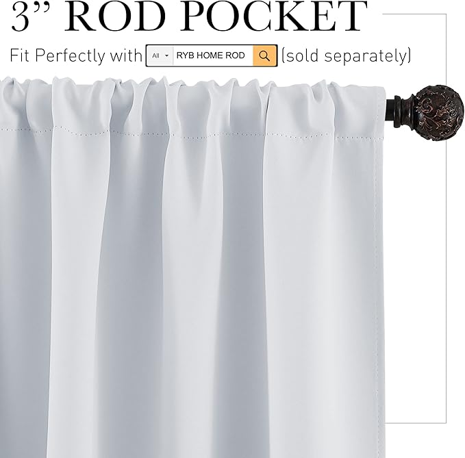 RYB HOME Curtains for Bedroom Living Room 72 inches Long, Thermal Insulated Privacy Rod Pocket Drapes for Nursery Office Home Theater, Width 42 by Length 72, Greyish White, 2 Panels