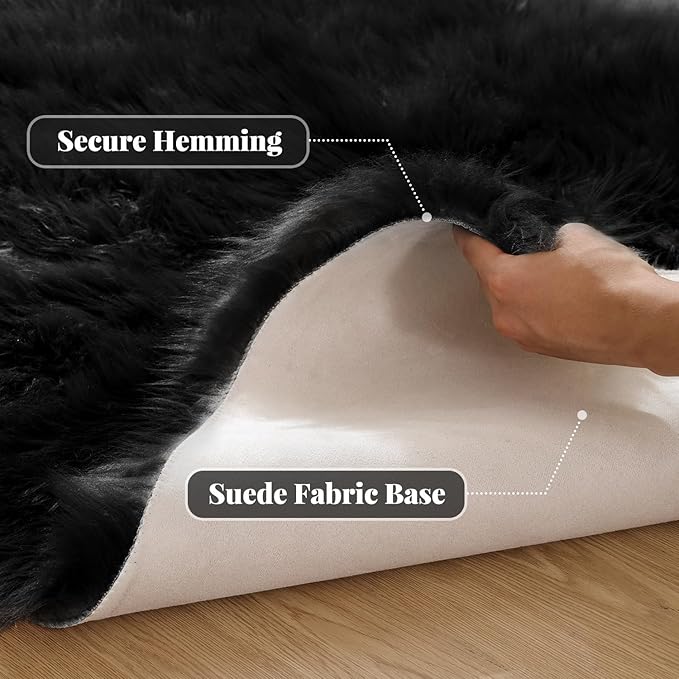 ORINOVA Black Fluffy Faux Fur Rug for Living Room Shag Circle Washable Area Rugs for Bedroom Round Rug 4ft Cute Room Décor