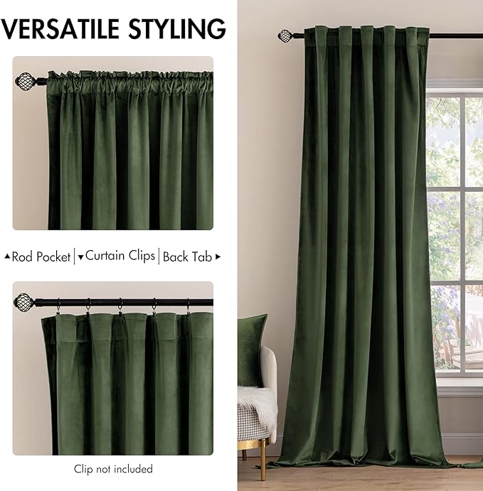 MIULEE Velvet Curtains 105 inches - Luxury Blackout Curtains for Bedroom Living Room Thermal Insulated Super Soft Window Drapes Rod Pocket & Back Tab, Olive Green, W52 x L105 inches, 2 Panels