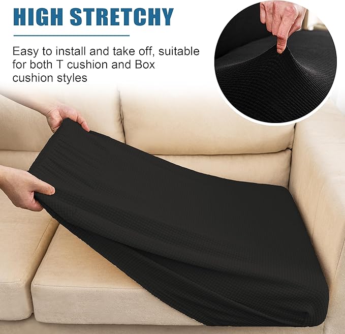 Water Repellent Sofa Cushion Slipcovers, Stretch Spandex Couch Cushion Covers, Furniture Protector Slipcovers Slip Cover for Sofa Seat (Loveseat Cushion, Black)