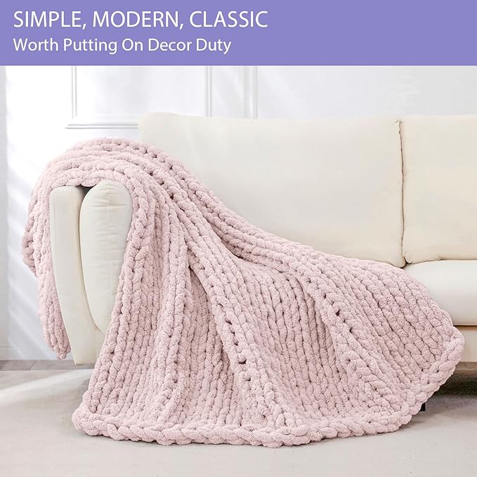 Bigacogo Chunky Knit Throw Blanket for Couch, 51x63 inches, 100% Hand Knitted with Thick Jumbo Chenille Yarn, Cozy Soft Large Rope Knot Cable Crochet Blankets for Sofa Bed Living Room, Rose Tan