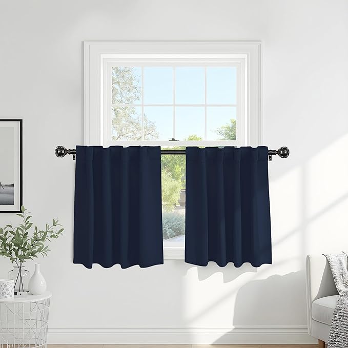 Pony Dance Short Drapesfor Kinchen, Half Drapes for Bathroom Window, Privacy Curtain Tiers for Basement Windows, loft Curtain Tiers for Bedroom, 34x36 Inch, Navy Blue, 2 Panels