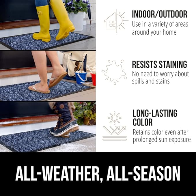GORILLA GRIP 100% Waterproof All-Season WeatherMAX Doormat, 72x24, US Designed Natural Rubber, Stain and Fade Resistant, Low Profile Indoor Outdoor Door Mats, Easy Clean Patio Mat, Navy Greek Keys