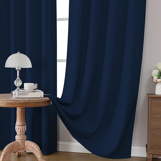 CUCRAF Navy Blue Blackout Curtains 96 inch Length 2 Panels Set, Rod Pocket Room Darkening Drapes for Bedroom Living Room, Insulated Thermal Light Blocking Window Curtain (W52 x L96 Inch)