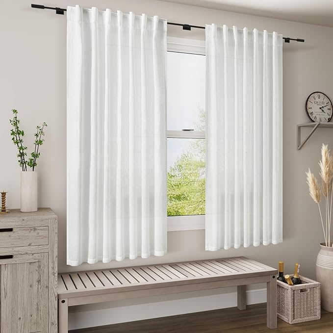 Nanspring White Linen Curtains 65 Inch Length for Living Room 2 Panels Set Semi Sheer Light Filtering Privacy Back Tab Rod Pocket Drapes Neutral Modern Farmhouse Window Curtain for Bedroom 52x65
