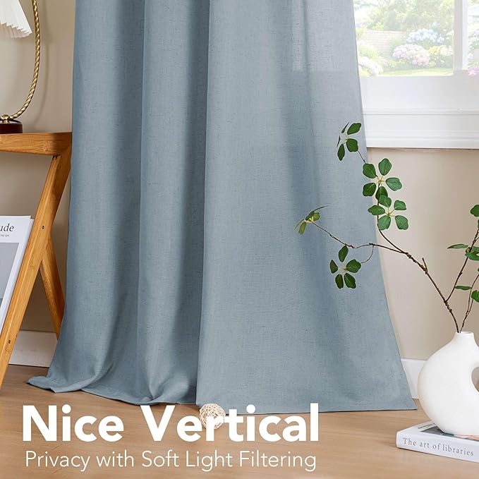 H.VERSAILTEX Elegant Natural Linen Blended Energy Efficient Light Filtering Linen Textured Curtains/Nickel Grommet Semi Sheer Window Treatments Panels/Drapes (Set of 2, Stone Blue, 52" x 54")