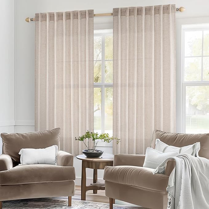 MIULEE Natural White Linen Curtains 64 Inch Length 2 Panels for Bedroom Living Room, Soft Thick Linen Textured Window Drapes Semi Sheer Light Filtering Back Tab Rod Pocket Burlap Look Decor