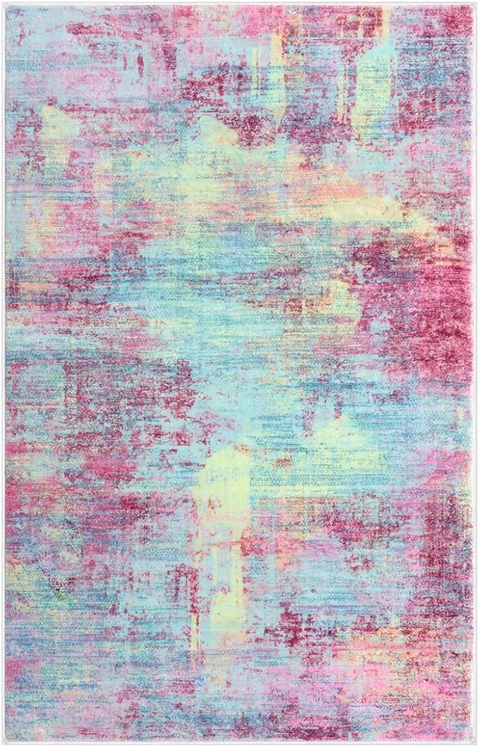 IOHOUZE Abstract Area Rug 4x6 Ft Washable Rugs for Entryway Indoor, Non Slip Small Living Room Rugs Printed Faux Wool Throw Rug, Floor Carpet for Kitchen Nursery Playroom, Pink Teal