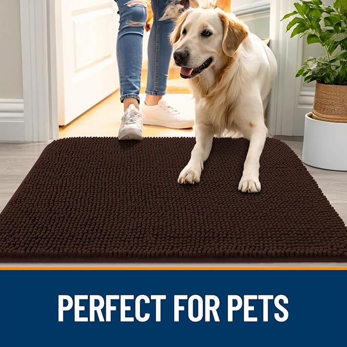 OLANLY Dog Door Mat for Muddy Paws 40x24, Absorbs Moisture and Dirt, Absorbent Non-Slip Washable Doormat, Quick Dry Chenille Mud Mat for Dogs, Entry Indoor Entryway Carpet for Inside Floor, Brown