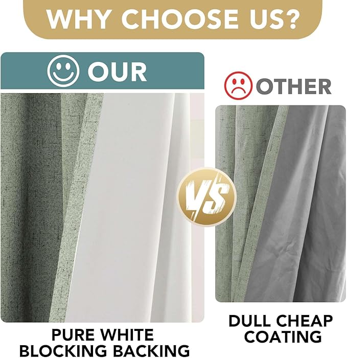 H.VERSAILTEX Linen Blackout Curtains 54 Inches Long 100% Absolutely Blackout Thermal Insulated Textured Linen Look Curtain Draperies Anti-Rust Grommet, Energy Saving with White Liner, 2 Panels, Sage