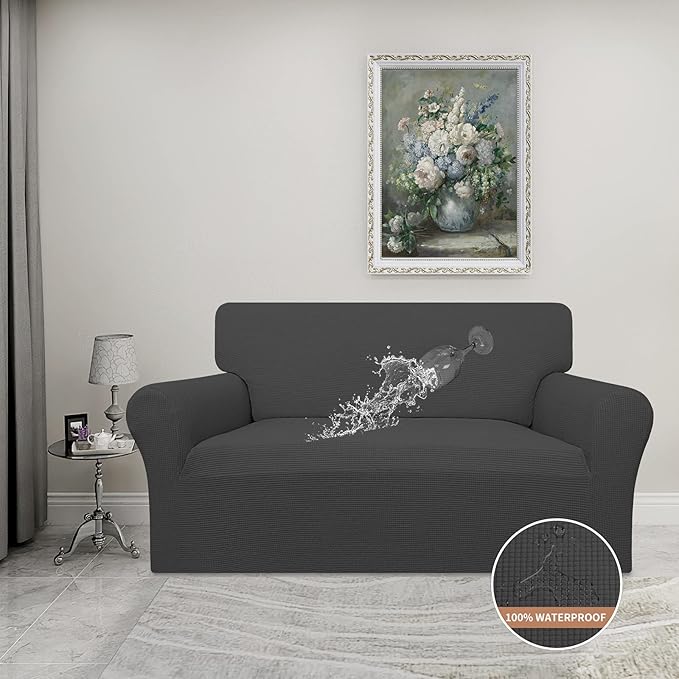 Easy-Going 100% Waterproof Oversized Loveseat Couch Cover, Dual Waterproof Sofa Cover, Stretch Jacquard Sofa Slipcover, Leakproof Furniture Protector for Kids, Pets, Dog and Cat, Dark Gray