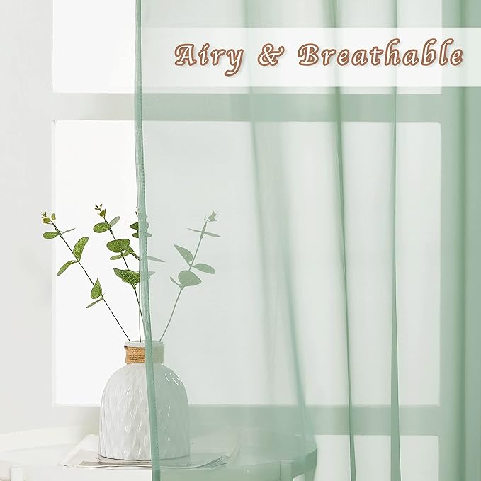 NICETOWN Sheer Window Curtains for Farmhouse, Ring Top Voile Textured Window Treatment Vertical Panels for Study Room/Bedroom/Living Room, Sage Green, W54 x L84, 2 Panels